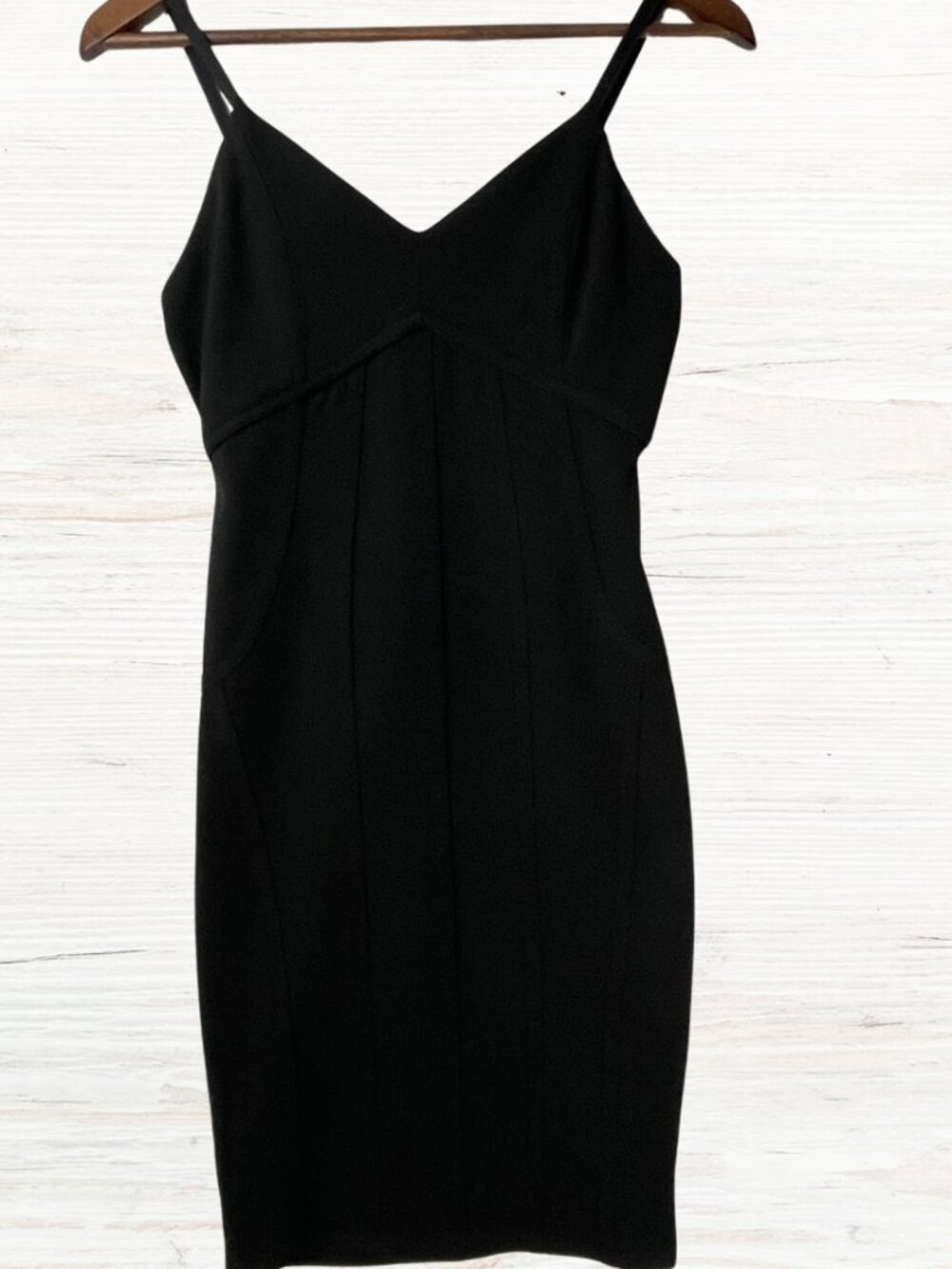 IRIS Black Bodycon Mini Dress Small V Neck Spaghetti Strap Stretch